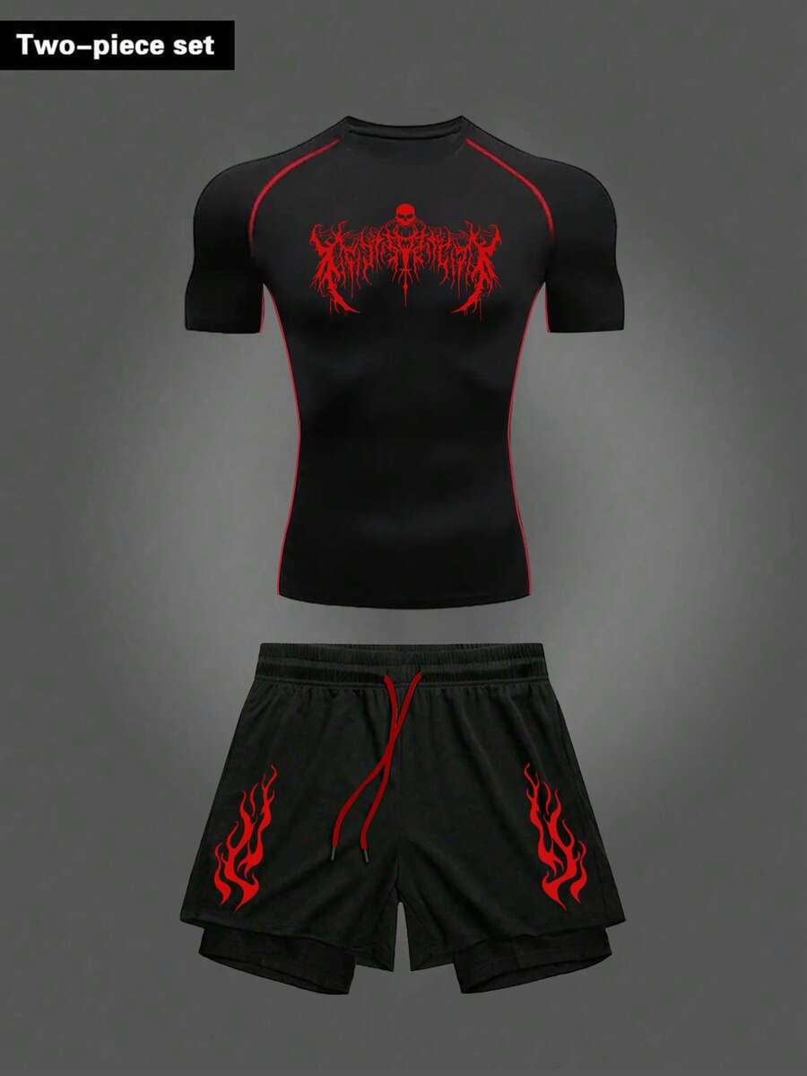 Gym Rark Men's Skeleton Print Raglan Short Sleeve T-Shirt And Drawstring Waist Shorts Sports Suit Gym Set Workout Set Compression Shirt Men - Black - View 1