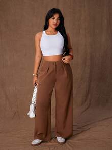 Rustia Women's Solid Color Casual Wide Leg Straight Pants, Suit Pants, Suitable For Commuting, Daily Wear, All Seasons - Coffee Brown - View 7
