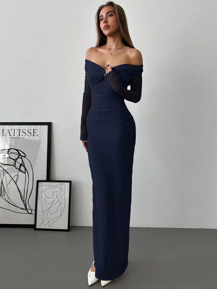 Aloruh Off-Shoulder Mesh-Twist-Rüschenkleid, romantisches Abendkleid mit langen Ärmeln