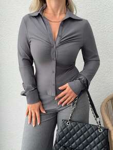 Jeta Ari 女士秋冬新款办公室通勤日常装 V 领褶皱胸领单排扣修身长袖白色衬衫 - 灰色 - 查看 3