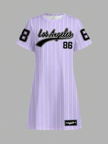 SHEIN Leap Crew 学院风紫色条纹印花运动街头风连衣裙，86号，少女休闲简约短袖连衣裙，适合夏季穿着，街头潮流，休闲校园运动风，户外野餐，郊游，街头摄影，居家，校园 - 彩色 - 查看 2