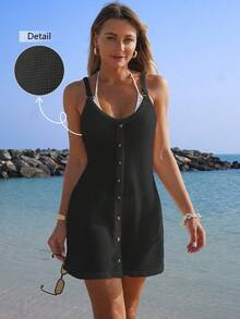 SHEIN Swim Lushore Women's Summer Vacation Beach Solid Color Textured Fabric High Stretch Sleeveless Buttoned Decor Coverup Dress - Black - View 3