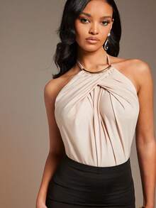 L'Amorae Women Gold Accent Necklace Trim Bodysuit, Backless, Night Out Date Night Valentines - Apricot - View 2