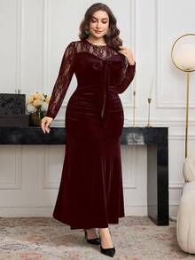 Modelyn Plus Size Women Elegant Lace Patchwork Velvet Bodycon Dress - Burgundy - View 5