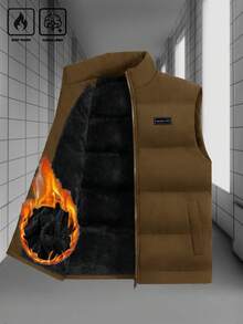 Manfinity Homme 宽松男士字母拼接加厚棉服背心外套，男士冬季背心，棕色男士背心，保暖内衬背心，无袖外套 - 棕色 - 查看 4