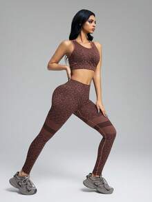 Innovista Women's Leopard Print Criss-Cross Back Sports Bra And Hollow-Out Leggings Fitness Set  Seamless High Support Sports Set, Removable Pads, Adjustable Straps, Leopard Print In Purple-Red & Khaki, Mesh Detailing On Crop Top & Leggings, Back Cross Design, Tummy Control, Quick Dry Activewear For Yoga, HIIT, Gym, Running, Outdoor Exercise, UV Protection, Daily Athleisure, Comfortable & Versatile Performance Gear, Premium Quality Fitness Set Brown Yoga Set Animal Print Workout Leggings - Brown - View 14
