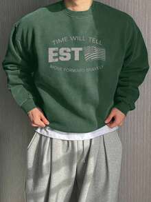 DAZY 男士圆领卫衣，字母印花和独立日国旗图案，军绿色，秋季款 - 軍綠色 - 查看 4