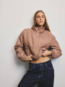Aralina Fall Winter Cord Gold Zip Through Padded Winter Jacket With Elastic Toggle On The Inner Elastic - Brown - View 4