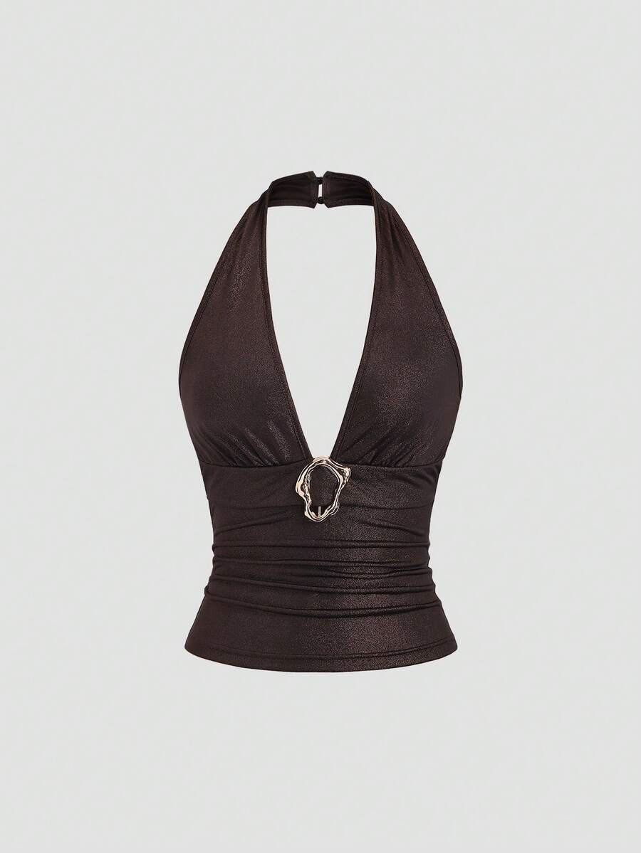 Sweetra New Metallic Buckle Shiny Elastic Fabric Cocoa Brown Y2K Street Party Deep V-Neck Backless Bodycon Tank Top For Women, Spring/Summer - Coffee Brown - View 1