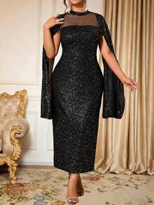 Allurite Plus Size Solid Color Mesh Patchwork Fitted Elegant Dress - Black - View 4