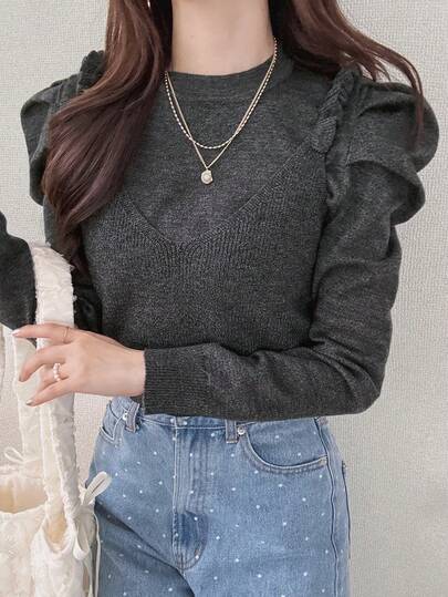 FRIFUL Women's Crew Neck Pullover Sweater With Puff Sleeves, Asymmetric Straps, Ruffle Trim Decor, Solid Color, Sweet 2-Piece Set