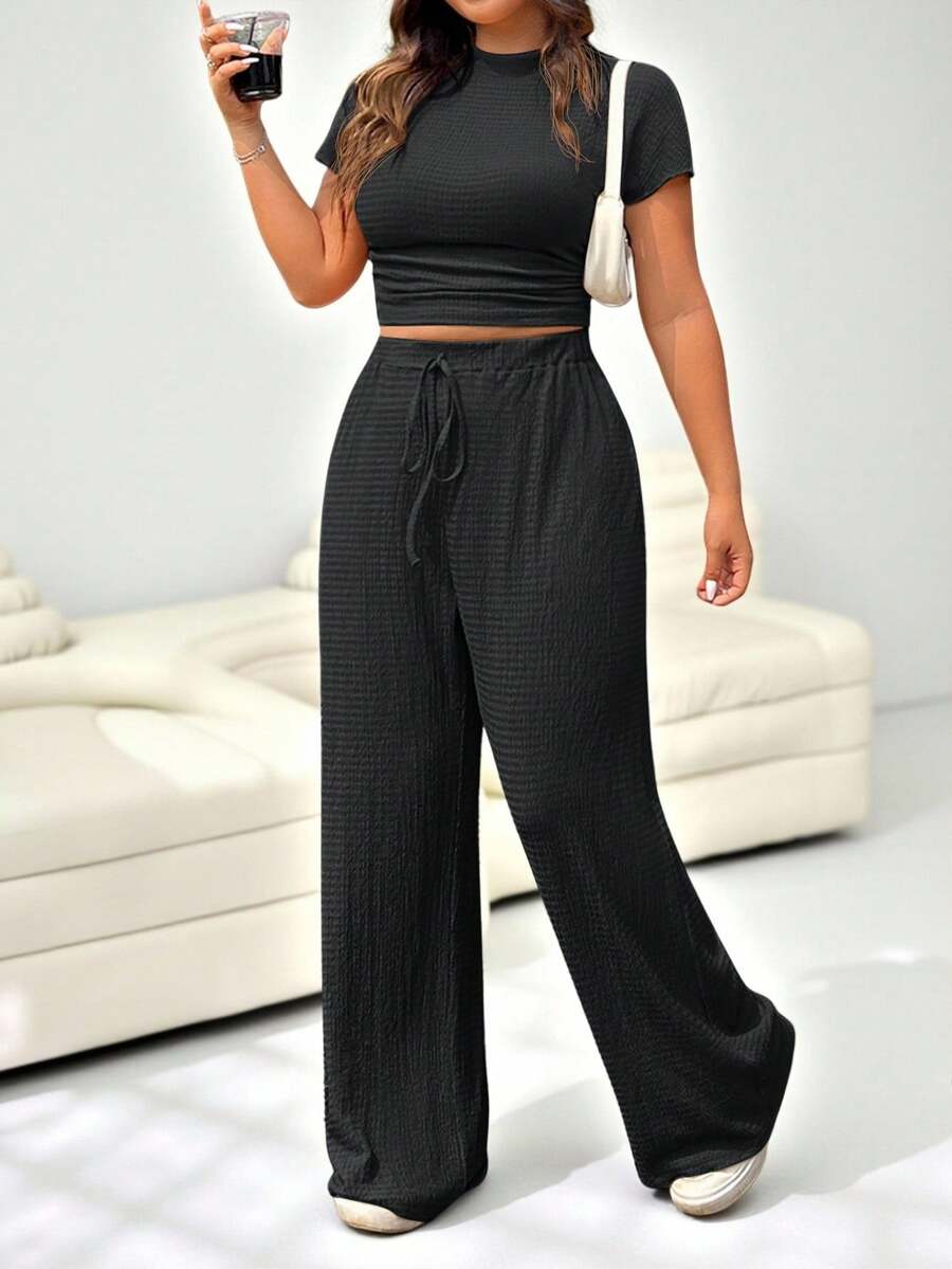 Solflare Plus Size Textured Knit T-Shirt & Drawstring Pants 2 Pieces Set, Casual - Dark Grey - View 1