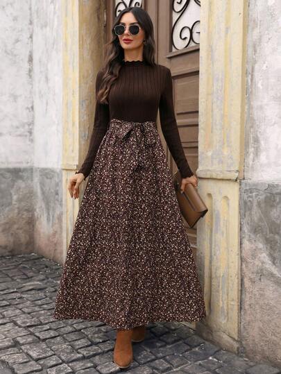 EMERY ROSE Women's Casual Floral Patchwork Dress, Autumn Brown Long Dress Brown Elegant Dress Women Modest Two Piece Set Long Brown Skirt Autumn Dress