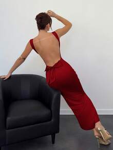 Aloruh Backless Bow Decor Pink Dress For Women,Summer Dresses
Spring Clothes - Burgundy - View 2