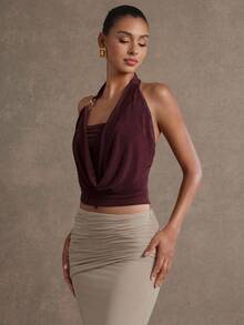 L'Amorae Áo cổ xếp ly kim loại màu trơn dành cho nữ - Màu Đỏ Sâu - Xem 4