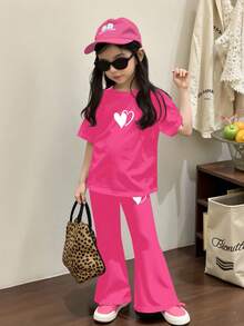 SHEIN Leap Crew 2pcs/Set Tween Girls Casual Minimalist Round Neck Short Sleeve Top And Pants Set, For Summer - Hot Pink - View 5