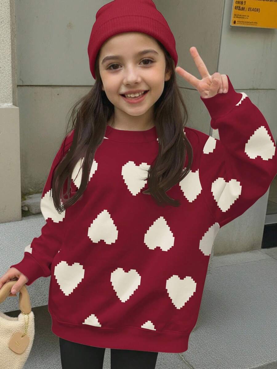 女童休闲简约经典像素爱心印花宽松圆领舒适日常针织长袖卫衣,适合秋冬季穿着 - 彩色 - 查看 1