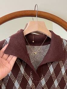 Siren Gaze 女士菱形图案翻领无袖休闲针织衫，棕色 Polo 领菱格纹针织衫，春季，女士嘉年华服装，休闲，女士毛衣背心，棕色针织衫，复古夏季 - 彩色 - 查看 4