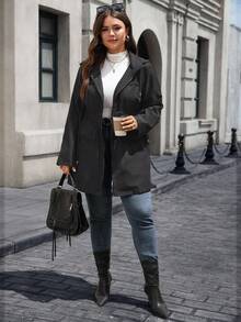 EMERY ROSE Plus Size Women Drawstring Hooded Zip Front Pockets Casual Daily Commute Jacket/Winter - Grey - View 4