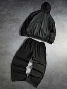 Manfinity EMRG Men's Letter Print Long Sleeve Zip Front Hoodie And Sweatpants Casual Tracksuit Set,Men's Streetwear,Baggy.Brand,I Love My Boyfriend,Graphic - Black - View 2