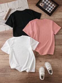 Set de 3 camisetas de manga corta y cuello redondo para niñas, con estampado floral, multicolor, casual y de moda para combinar, adecuadas para primavera/verano - Multicolor - Ver 2