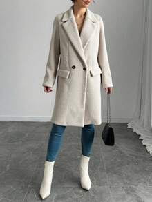 EURMUSE 秋冬女士灰色双排扣长袖印花大衣 - 米色 - 查看 3