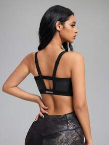 Innovista 女士交叉镂空设计文胸，性感百搭，适合其他舞蹈服饰；女士亮面高弹皮革质感运动文胸 - 黑色 - 查看 4