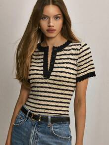 ATUI Studio Women's Striped Ruffle Button Half Placket Casual Commuter Knit Short Sleeve Top - Apricot - View 6