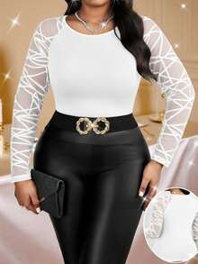 SHEIN Lady قميص تي شيرت أبيض طويل الأكمام مناسب للمرأة ذات الحجم الكبير، مصنوع من قماش شبكي ومرقع بتصميم عصري للتنقل في الربيع - أبيض - مشاهدة 1