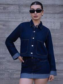 Conjunto de mujer de mezclilla azul oscuro con chaqueta de mezclilla de manga larga y falda con dobladillo plegado, nuevo estilo coreano casual de oficina para otoño e invierno, estilo Ins, abrigo de otoño de 2 piezas, conjunto de mezclilla para mujer - Azul lavado oscuro - Ver 3