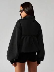 MISSGUIDED Giacca oversize con coulisse in pile Borg, con colletto alto in nylon e chiusura con chiusura lampo, adatta per l'autunno e l'inverno - nero - Visualizzare 2