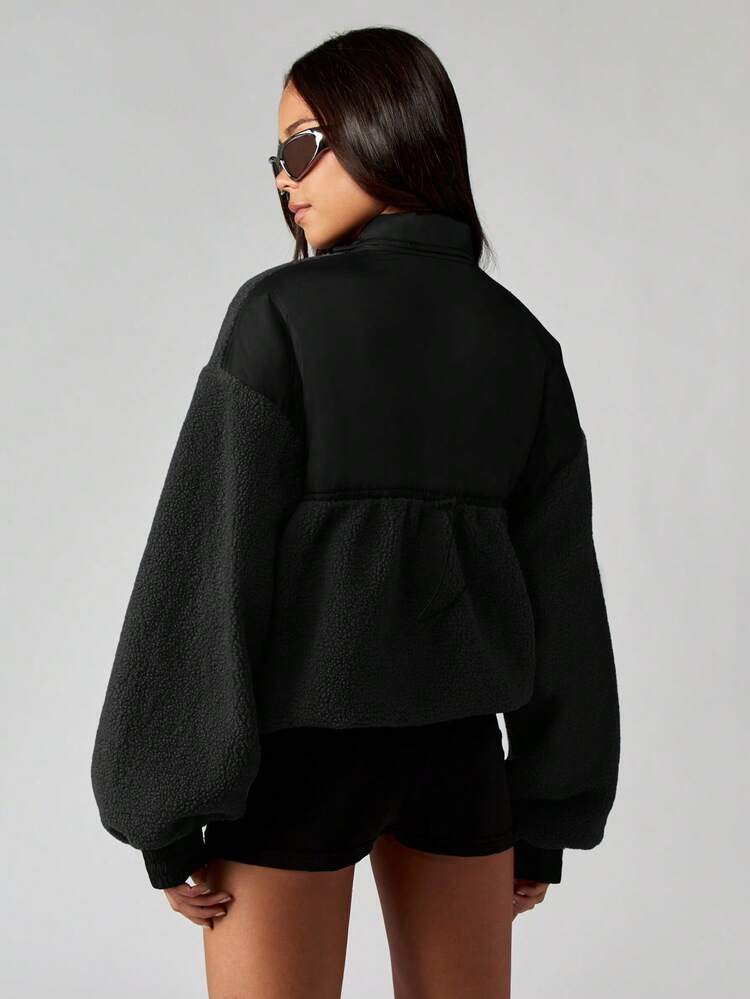 MISSGUIDED Oversized Borg Fleece Drawstring Jacket With High Nylon Collar And Zip Front Closure For Fall Winter