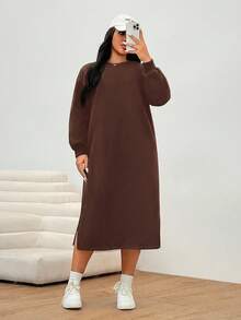 SHEIN EZwear 大码女式棕色长袖休闲卫衣连衣裙，侧开衩下摆，保暖内衬，秋冬款 - 棕色 - 查看 4