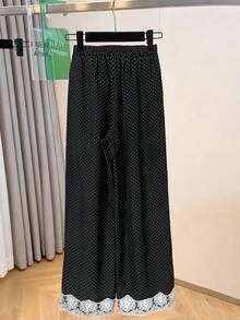 GlowEve Elegant And Casual Black And White Polka Dot Woven Lace Trousers For Ladies - Black and White - View 2