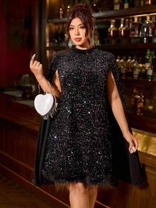 Cravure Plus Size Women's Sequin & Faux Fur Patchwork Elegant Party Dress - Multicolor - View 7