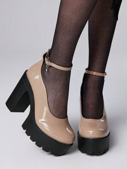 Goth أحذية ماري جين مغلقة الأصابع للنساء بطراز بانك جوث، حزام سميك مع إبزيم، بنعل سميك، زي موحد JK، مقاومة للماء، أحذية كعب للعمل