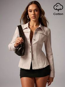 磨边设计仿牛仔布效果拼布长袖衬衫 - 淺灰色 - 查看 1