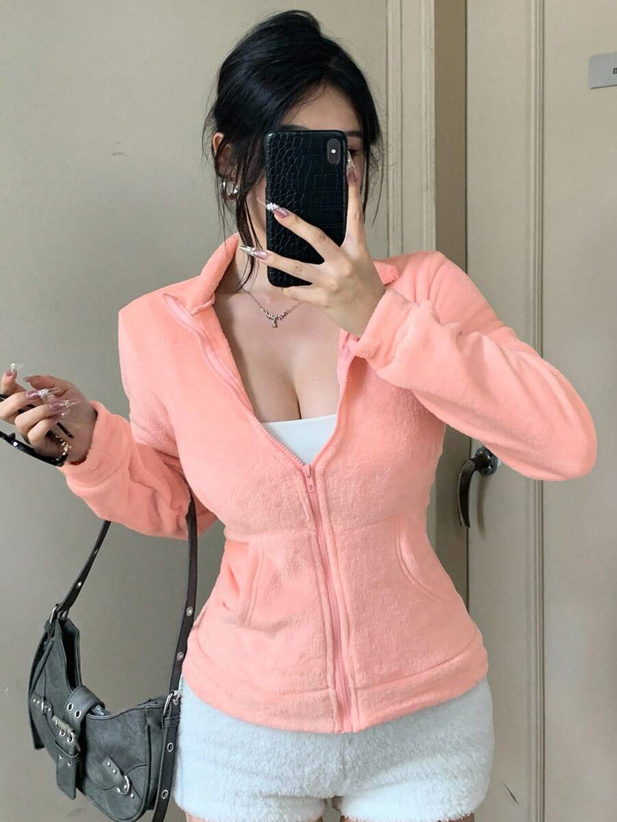 DAZY 女士修身休闲抓绒外套,时尚运动卫衣外套,秋冬女式大衣 - 西瓜粉 - 查看 1
