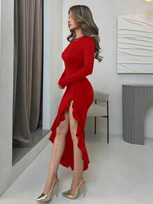 Jemour Women Dresses Asimetris Ruched Split Thigh Plain Anggun - Merah - View 5