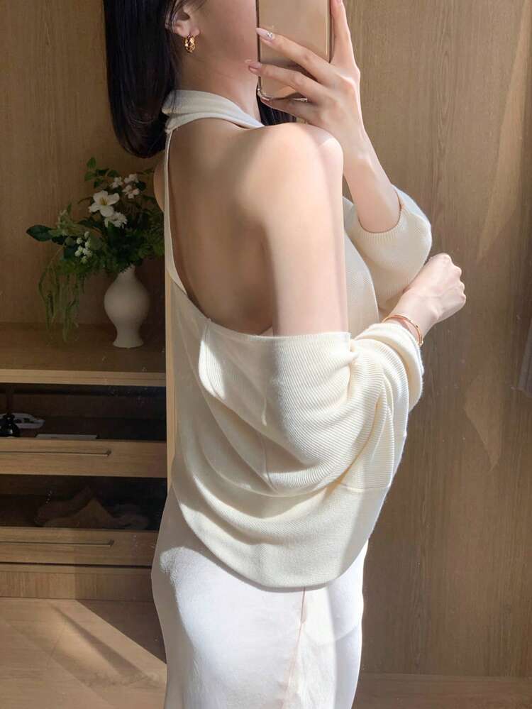 Sexy Plunging Neck Spaghetti Strap Camisole Top & Loose Cardigan 2 Pieces Set For Women