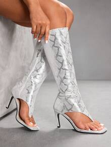 CUCCOO SZL 女士蛇纹图案时尚过膝高跟靴 - 銀色 - 查看 2