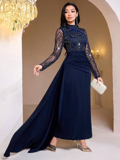 Veilorie Women's Waist Cinched Long Sleeve Dress, Elegant For Party And Gathering