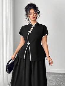 Elenzga Conjunto de 2 piezas de camisa abotonada con bloqueo de color elegante y falda para talla grande - Negro - Ver 7