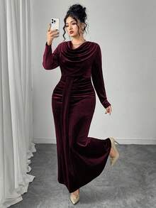 Modelyn Elegant Velvet Draped Neck Long Sleeve Fitted Regular Plus Size Dress, Spring/Autumn - Burgundy - View 4