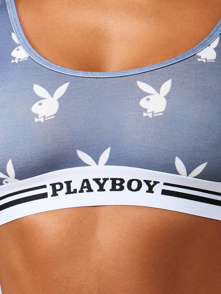 Missguided x Playboy Komplet biustonoszy typu bralette z nadrukiem króliczka, dekoltem w łódkę i gumką