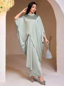Veilorie Váy xếp ly cổ bẻ màu trơn phong cách Ả Rập thanh lịch và thời trang dành cho nữ - màu xanh lá - Xem 2