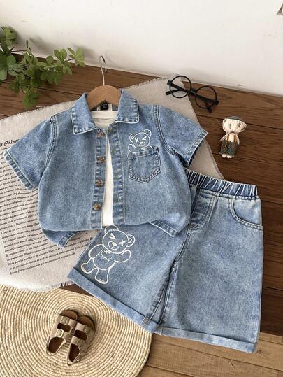 LMoss Kids 2件套男童泰迪熊图案蓝色牛仔衬衫和短裤套装