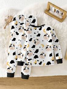 1set Baby Boys Cow, Star & Moon Print Crew Neck Snug Fit Warm Fleece Pajama Set, Long Sleeve Top And Pants