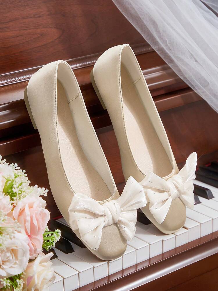 CUCCOO HITCHD Women Rhinestone-Studded Mesh Bowknot Square Toe Flats, Sweet Romantic Dignified Champagne Color Satin Wedding Party Date Shoes