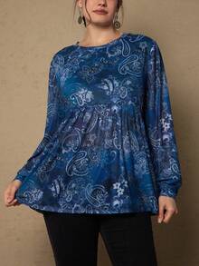 SHEIN VCAY Plus Size Women Casual Retro Paisley Print Top - Blue - View 1